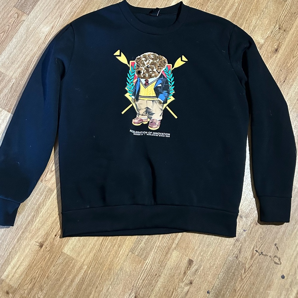 Trac Black Crewneck Sweater with Bear Graphic